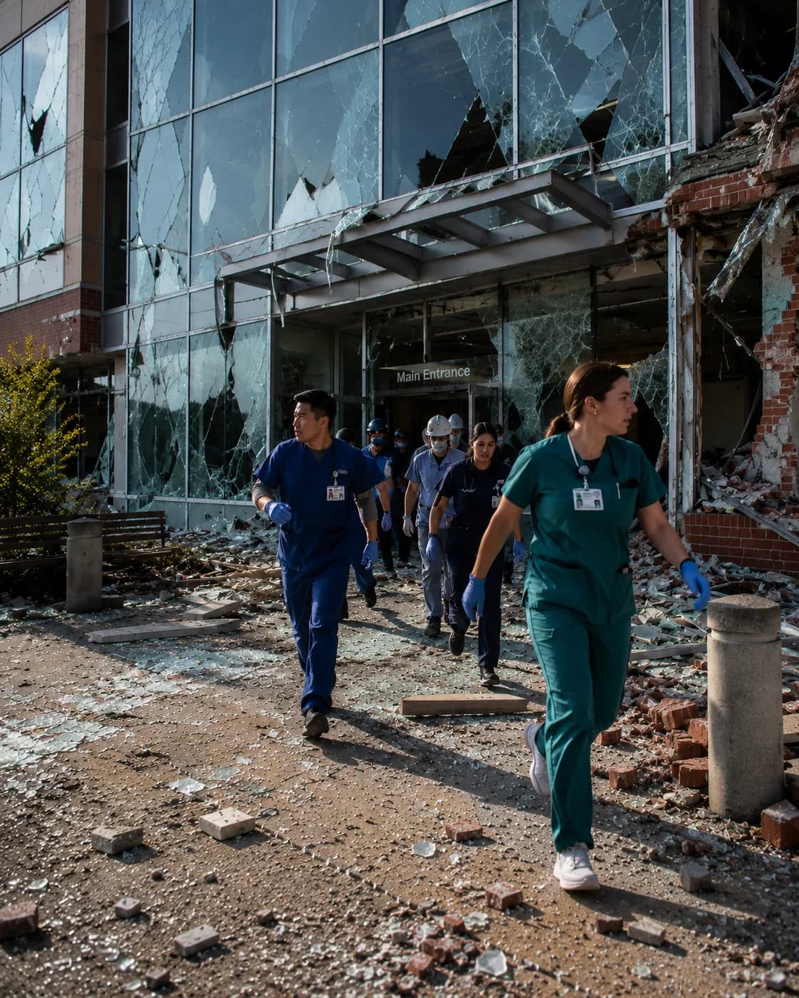 Care-facility staff evacuating a building damaged by an earthquake