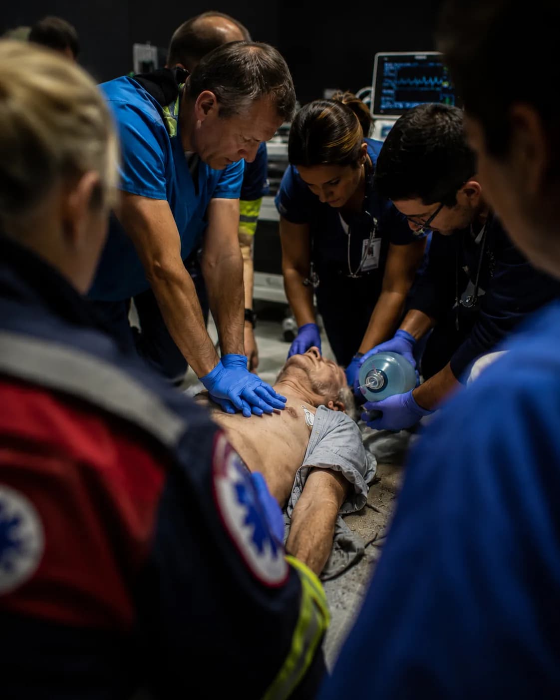 An EMS team resuscitating a patient