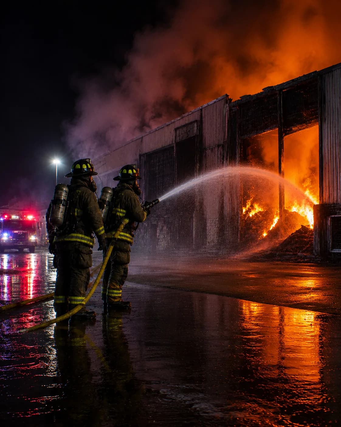 Firefighters battling a nighttime structure fire