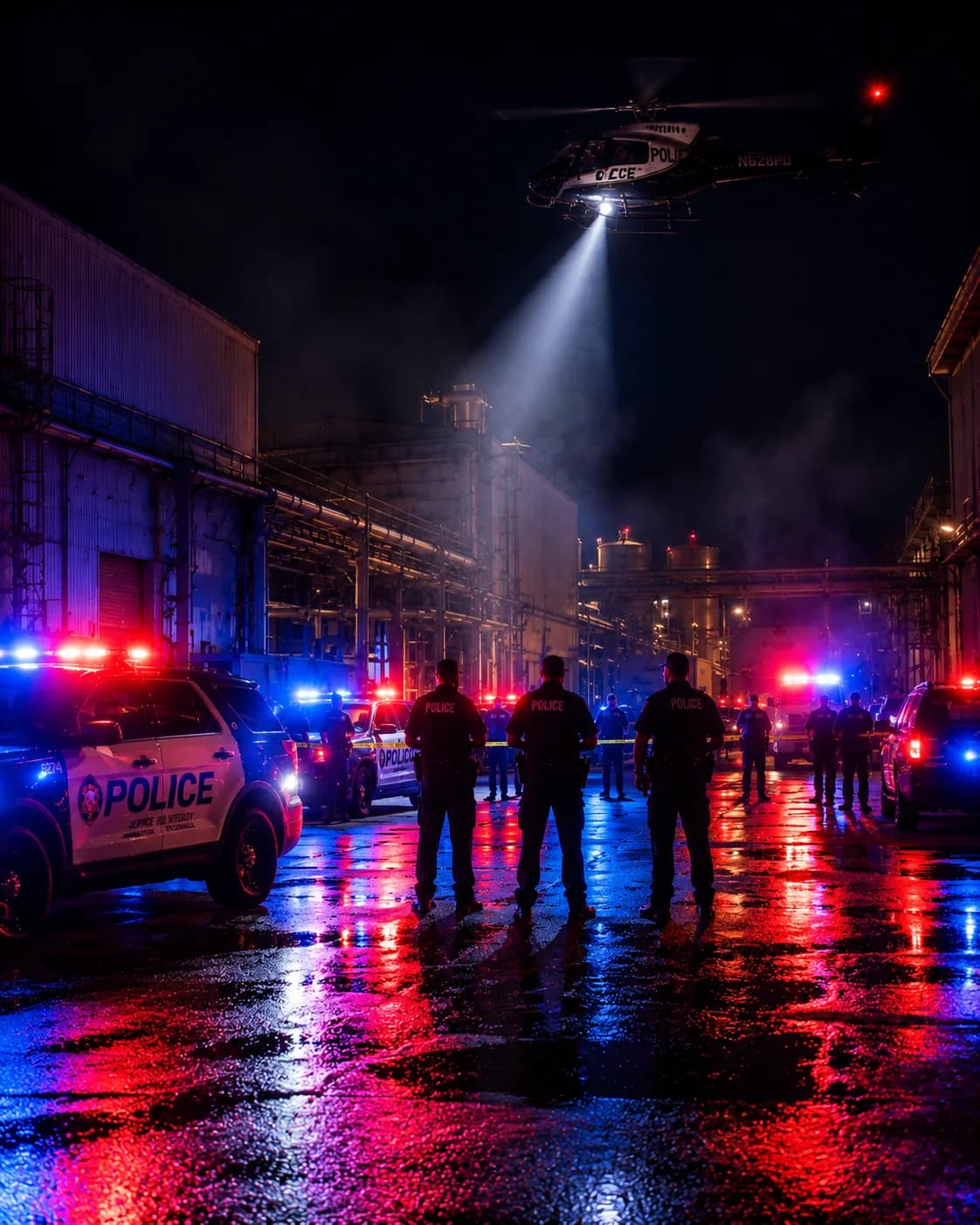Police units and a search helicopter responding at night